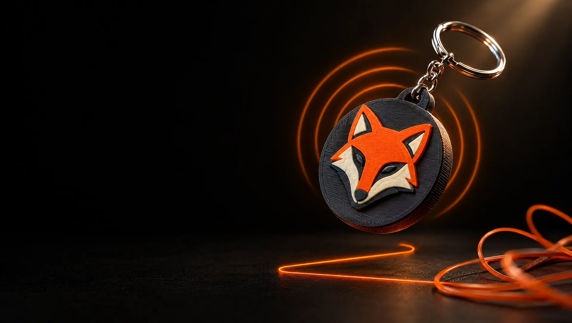 Brelok NFC z druku 3D z wielokolorowym logo lisa i falami sygnału NFC