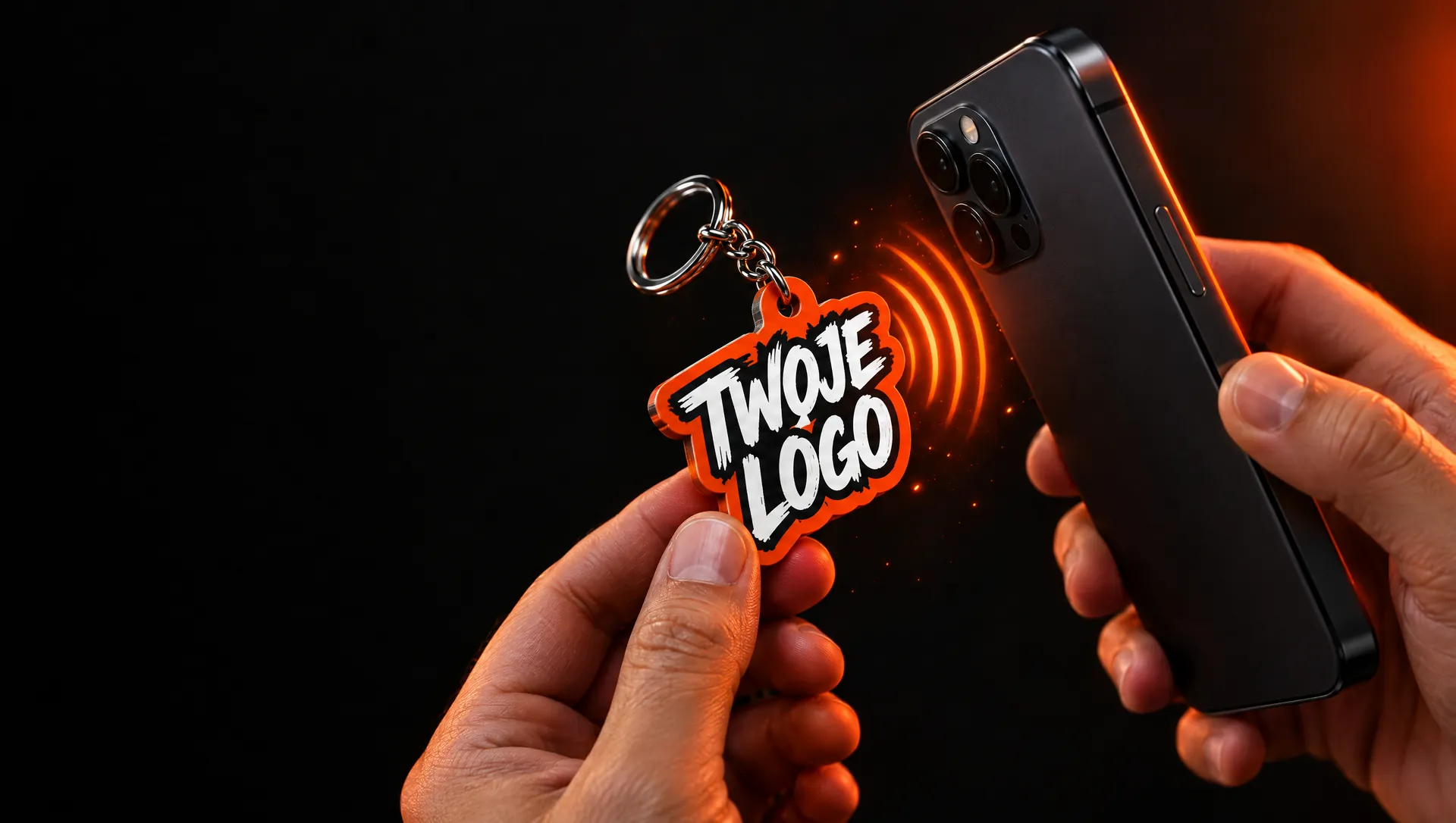 Brelok NFC z logo firmy przyłożony do telefonu