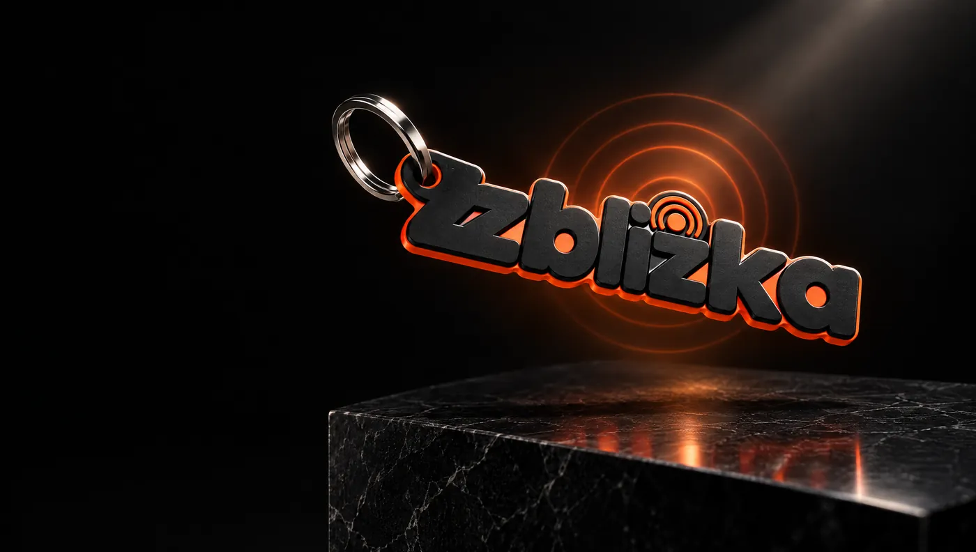 Brelok NFC w kształcie napisu zbliżka z pomarańczową krawędzią