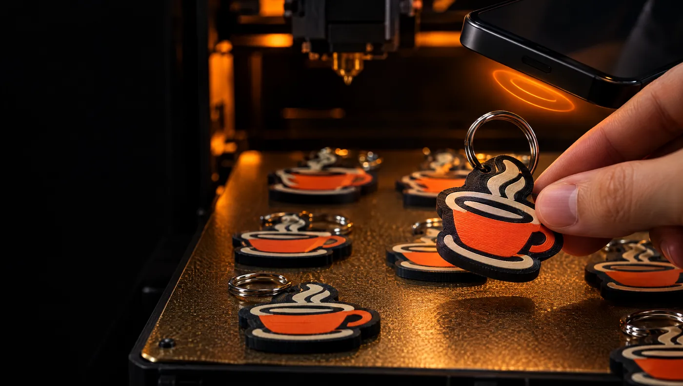 Breloki NFC z druku 3D zdejmowane ze stołu drukarki, telefon odczytuje brelok