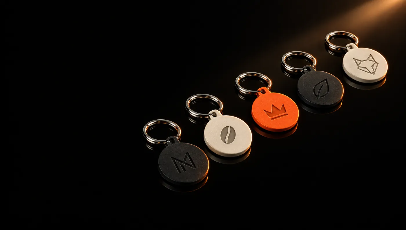 Breloki NFC z minimalistycznymi logo w czerni, bieli i pomarańczu