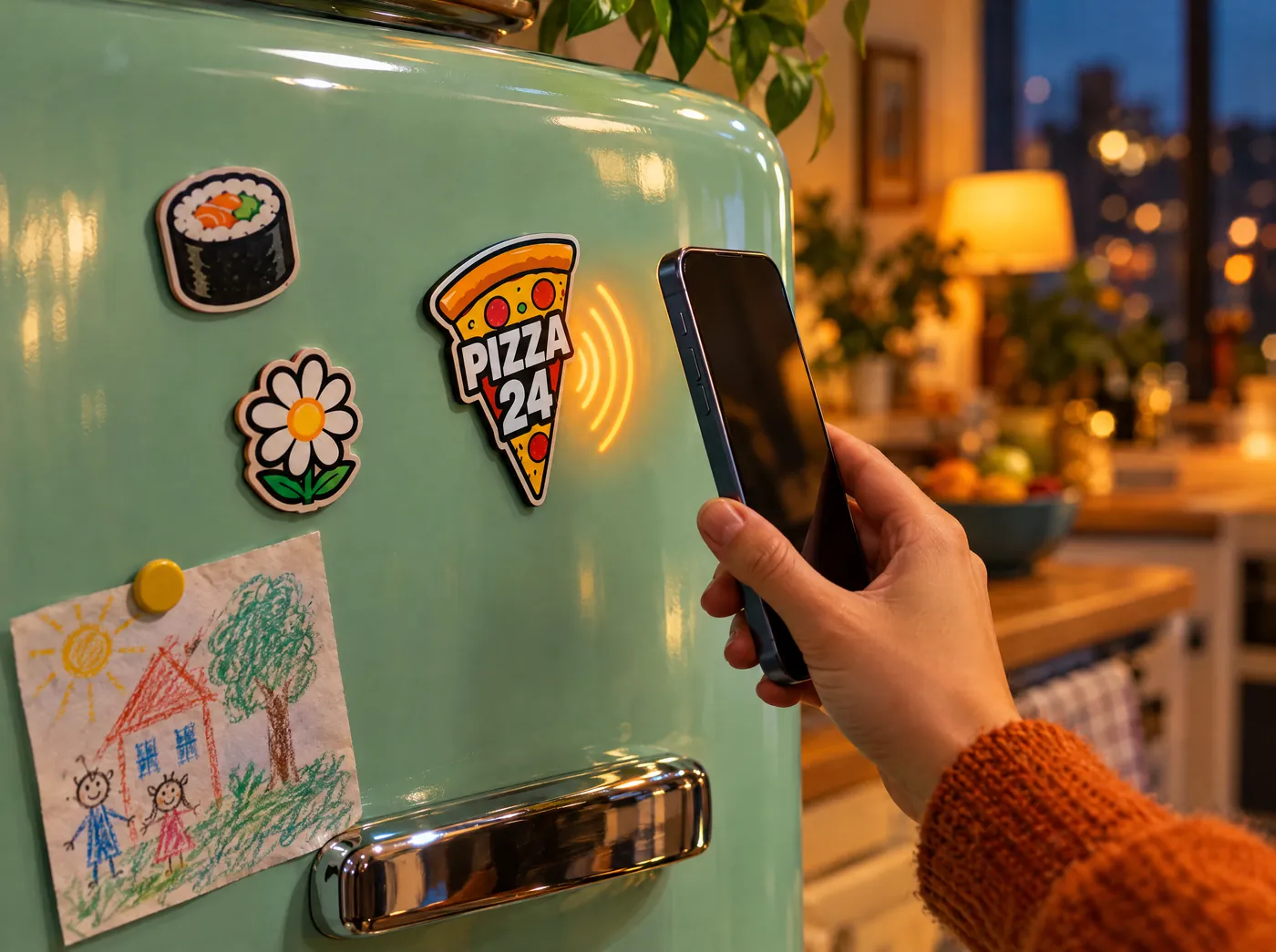 Magnes NFC w kształcie pizzy na lodówce, telefon przy magnesie