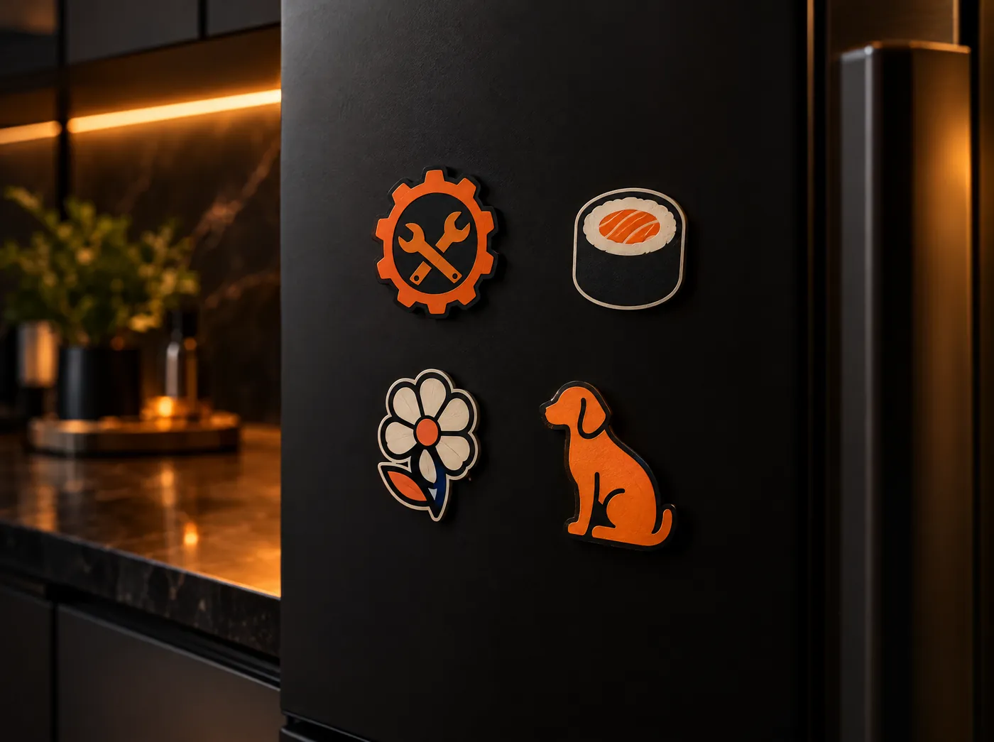 Magnesy NFC z logo różnych firm na drzwiach lodówki
