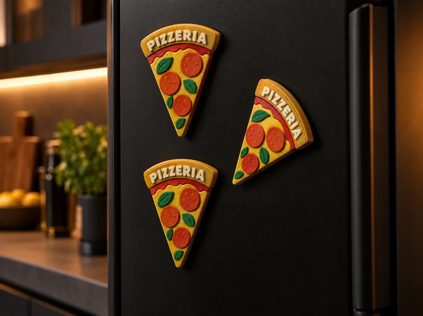 Trzy magnesy NFC w kształcie kawałka pizzy z samego druku 3D na drzwiach czarnej lodówki
