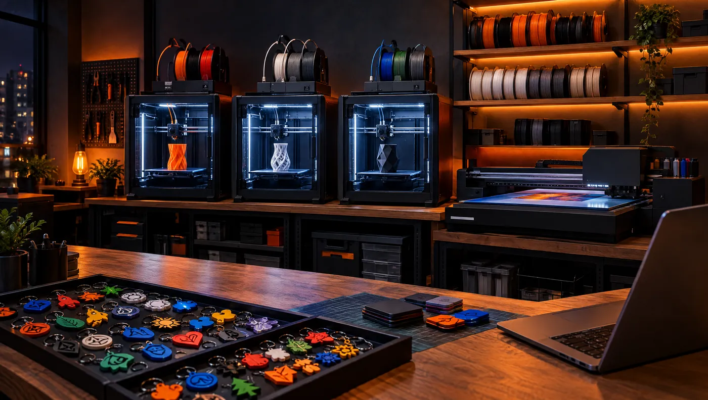 Pracownia druku 3D z drukarkami Bambu Lab i szpulami filamentu