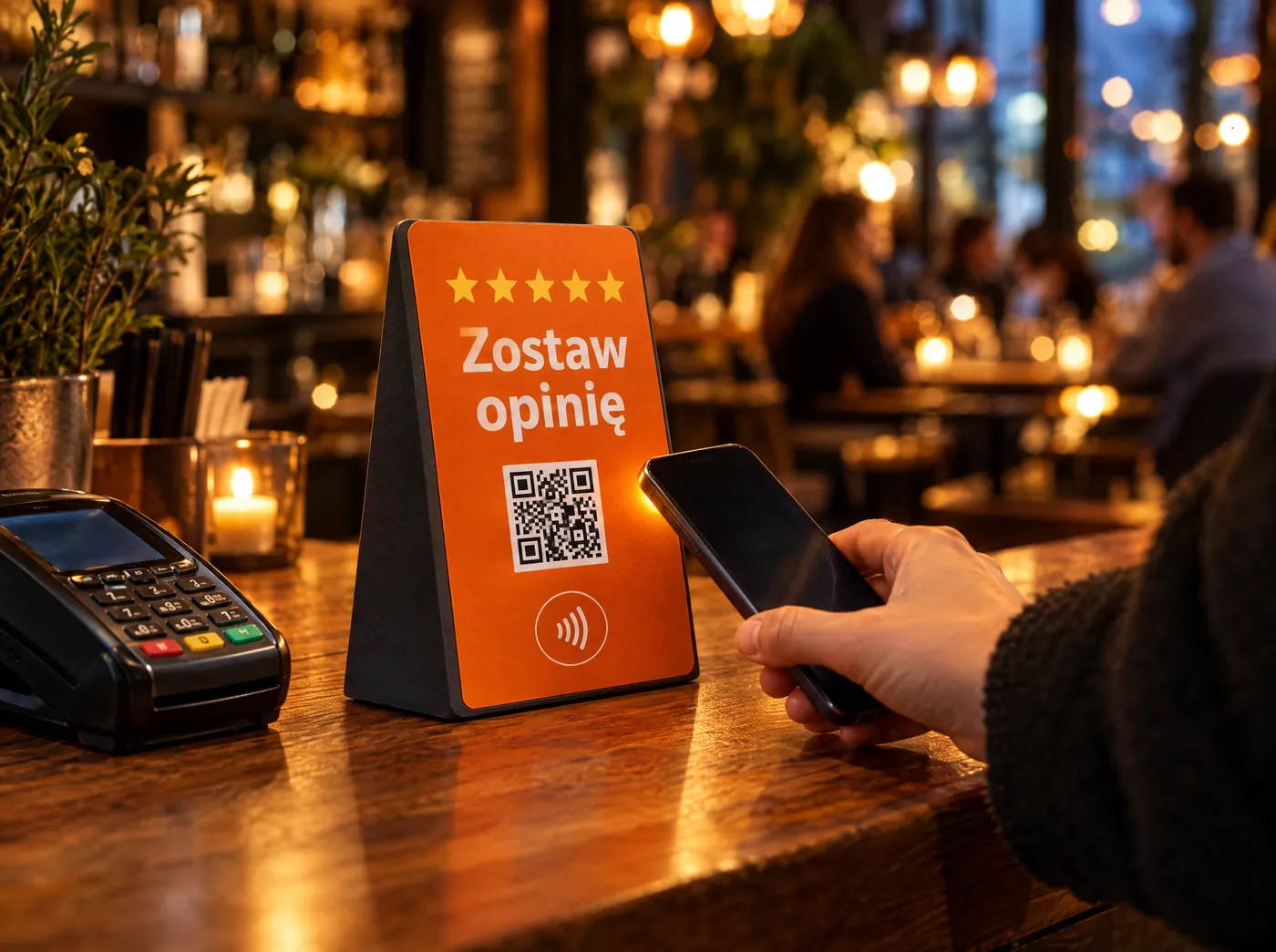 Stojak NFC do opinii Google przy kasie w restauracji