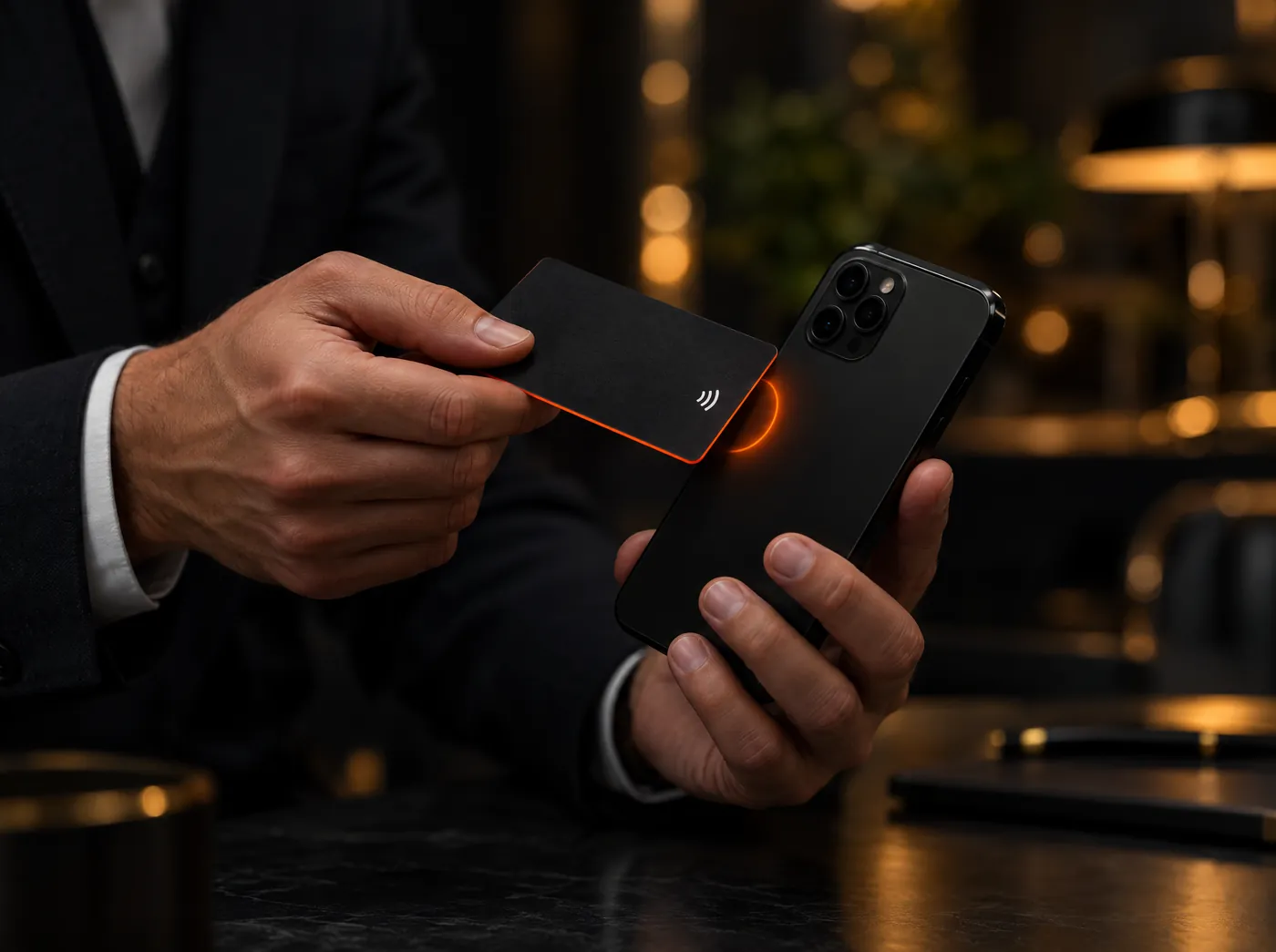 Wizytówka NFC przykładana do smartfona w biurze