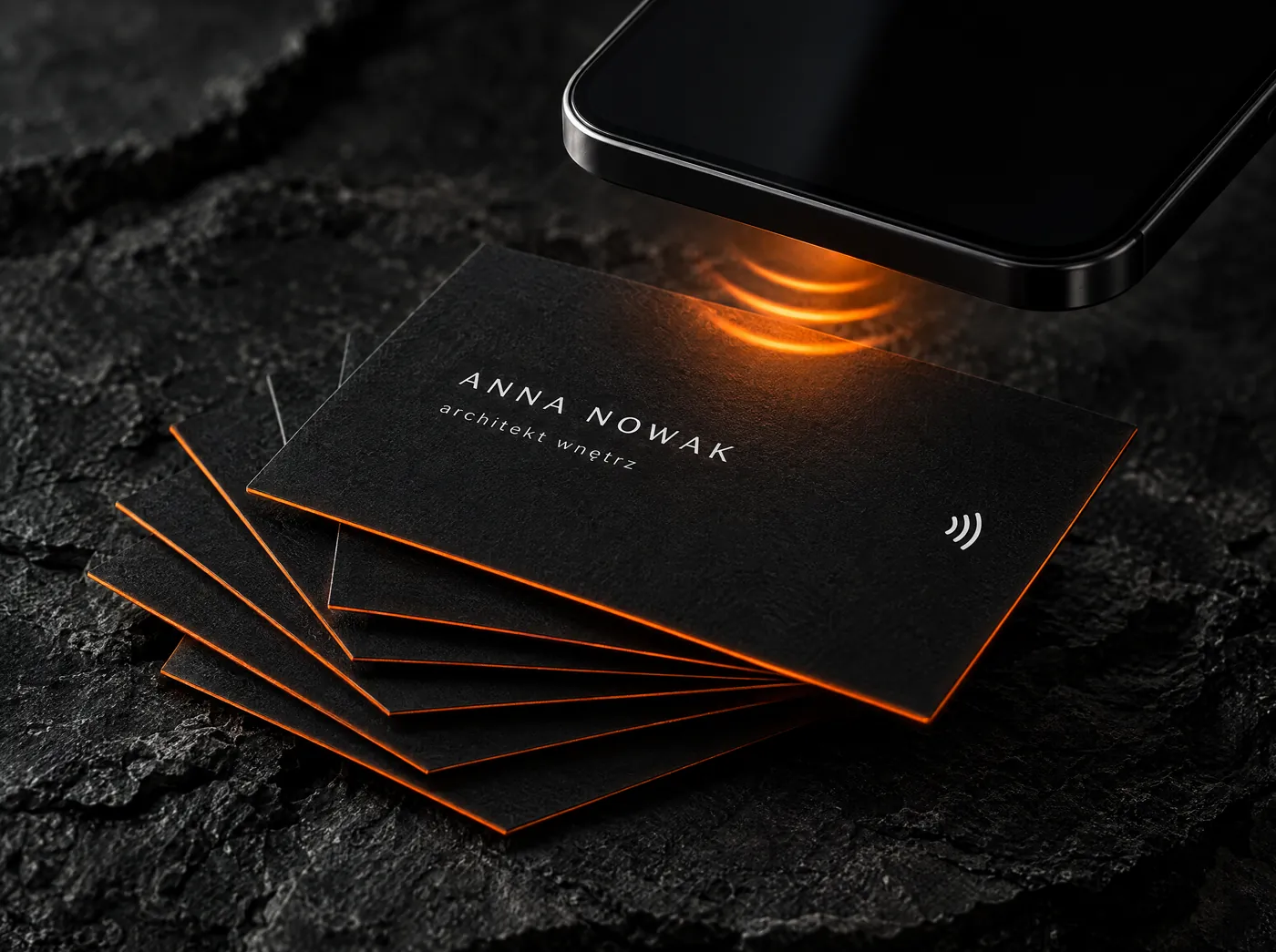 Czarne wizytówki NFC z pomarańczową krawędzią